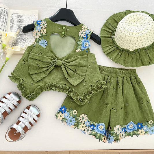 Top Bow Sleeveless Vest Lace Shorts Children's Suit