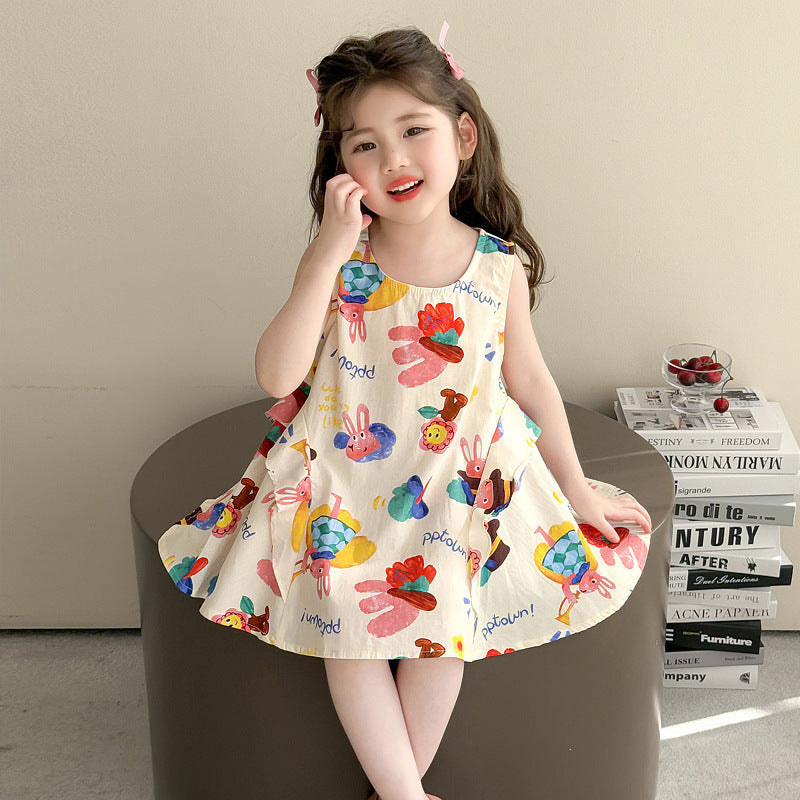 Children's Summer Vest Thin Sleeveless Bubble Ruffle Floral Children's Dress