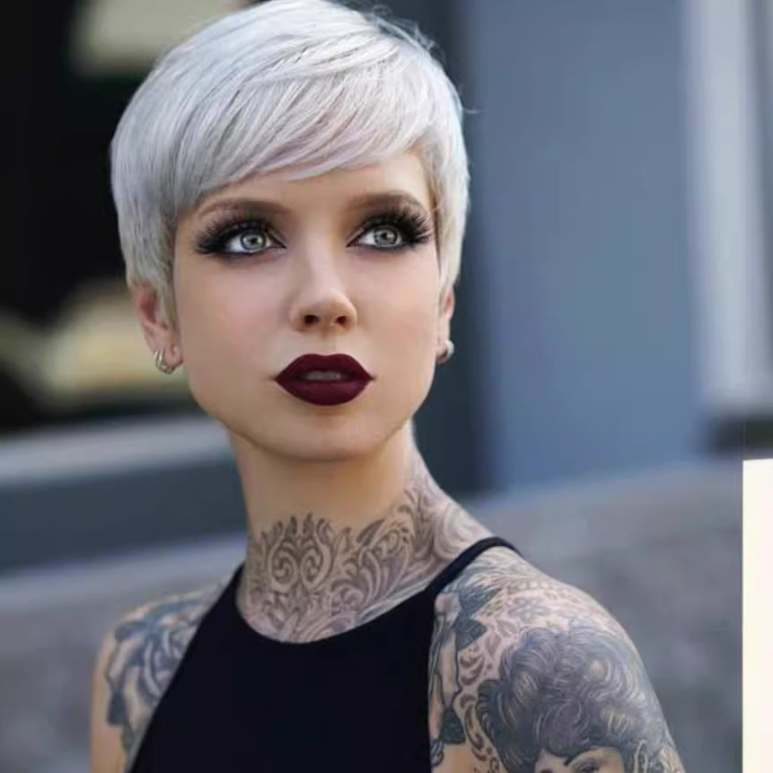 Female Side Bangs Gray White Mechanism Synthetic Wig Short Straight Hair