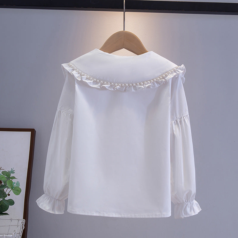 White Long Sleeve Cotton Versatile Medium Large College Children's Shirt