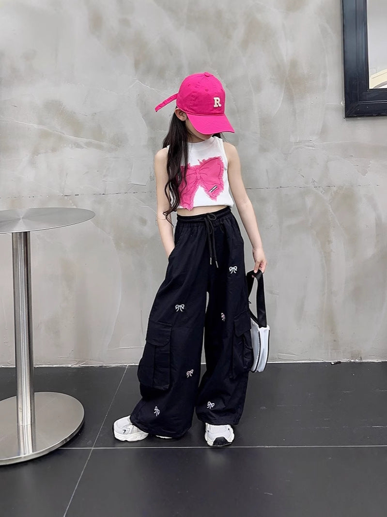Retro Fun Bow Embroidered Casual Trousers Wide Leg High Children's Pants