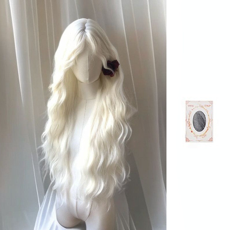 Women's Mid-length Bangs White Curly Hair Big Wave Feeling Wig Long Curls