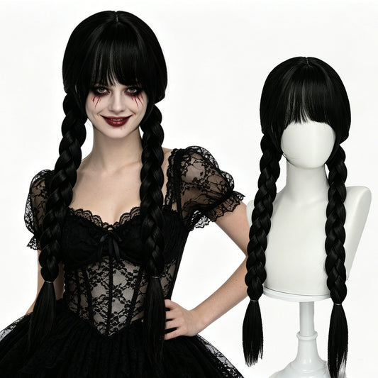 Bangs Black Double Braid Twist Halloween Cos Wig
