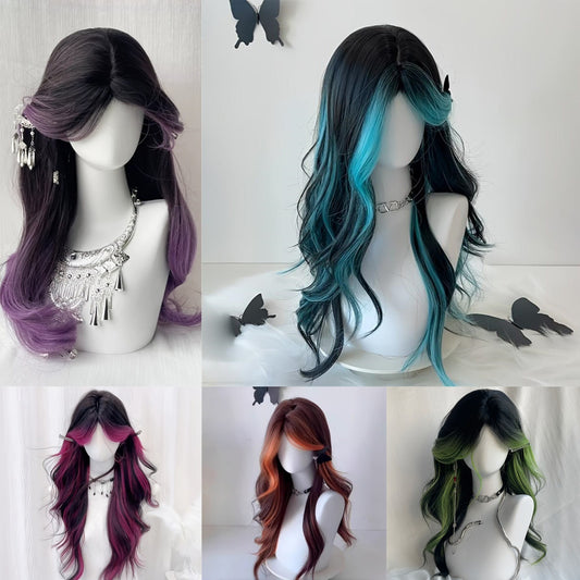 Bangs Dyed Mid-length Curly Hair Temperament Unique Simulation Scalp Full Wig Long Curls