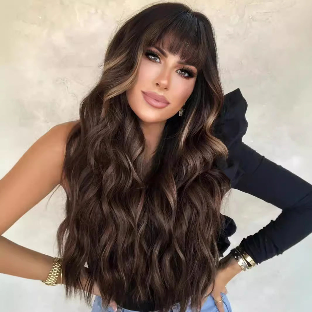 Gradient White Straight Bangs Big Wave Curly Hair Wig Long Curls