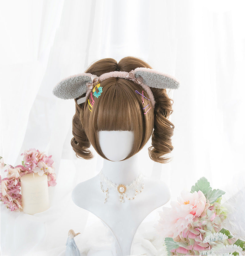 Lolita Grip Pairs Ponytail Roman Roll Feeling Golden Black Wig Short Curly Hair