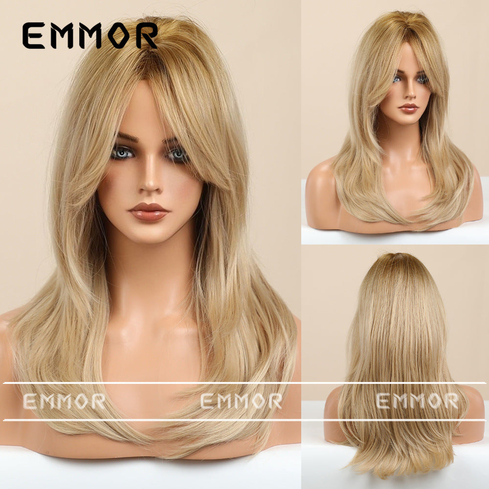 Women's Bangs Gradient Golden Mid-length Hair Curling Wig Long Curls