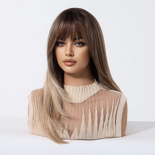 Brown Gradient Bangs Top Dyed Layered Wig Long Curls