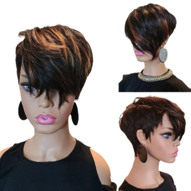 Female Side Bangs Pick Dyeing Mechanism Wig Short Straight Hair
