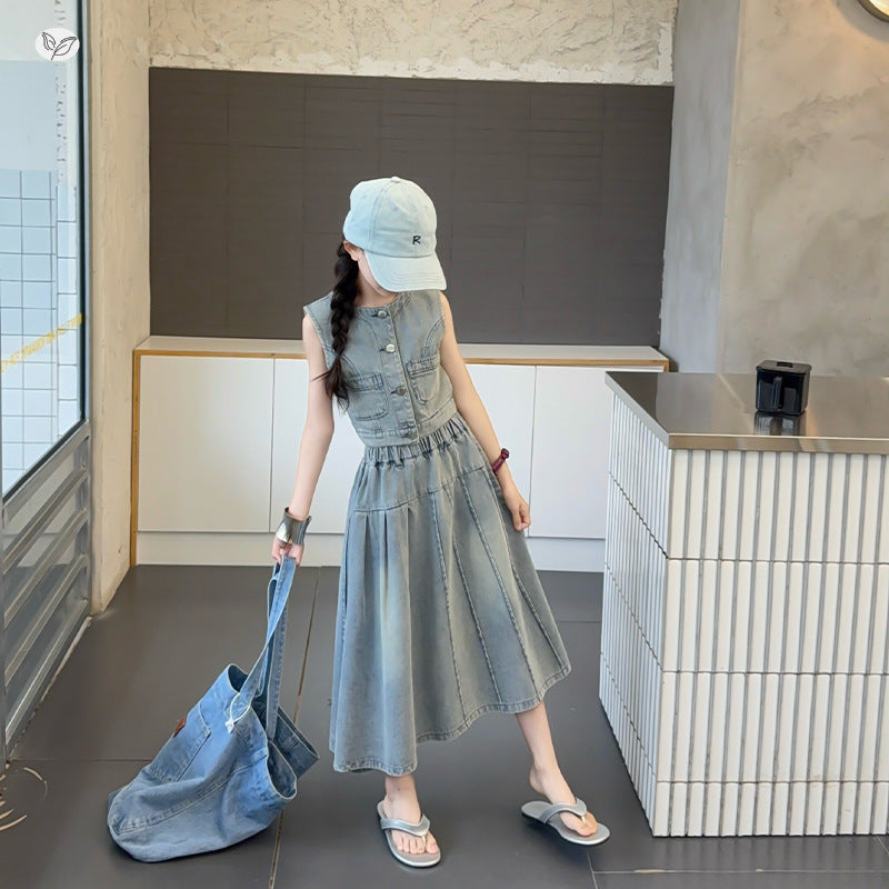 Children's Fashionable Vest Summer Medium Large Sleeveless Skirt Denim Children's Suit