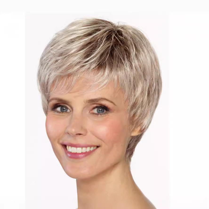 Golden Female Gray Gold Color Head Cover Wig Short Curly Hair