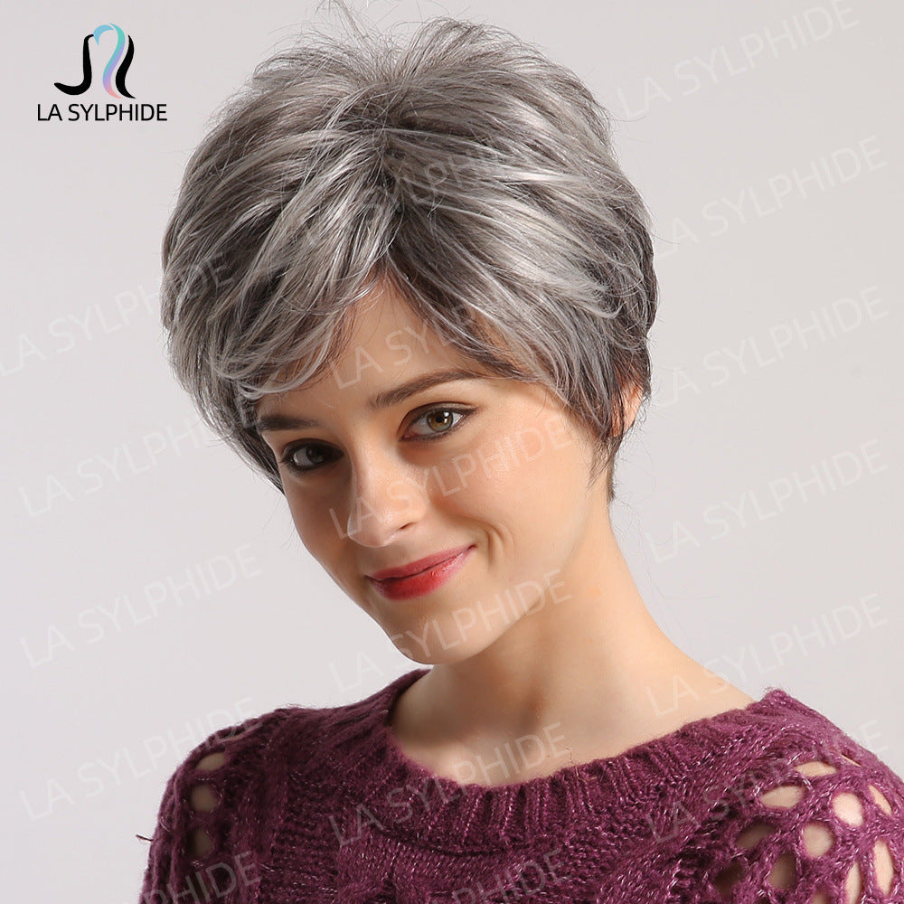 Chemical Fiber Texture Gray White Rose Net Man Wig Short Straight Hair