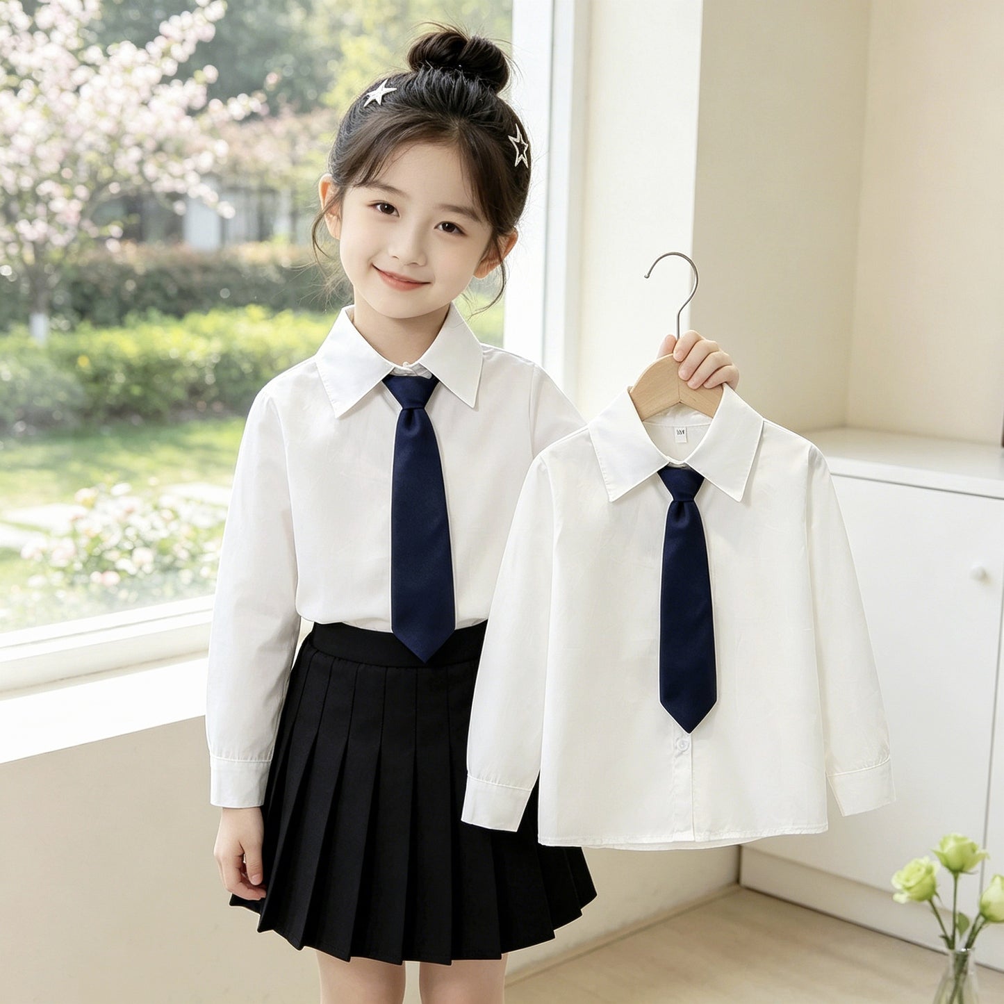 Children's Korean College Style Long Sleeve White Dark Children's Shirt