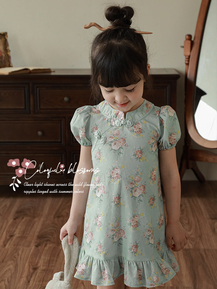 Cheongsam Summer Floral Puff Sleeve Chinese Style Rose Children's Dress