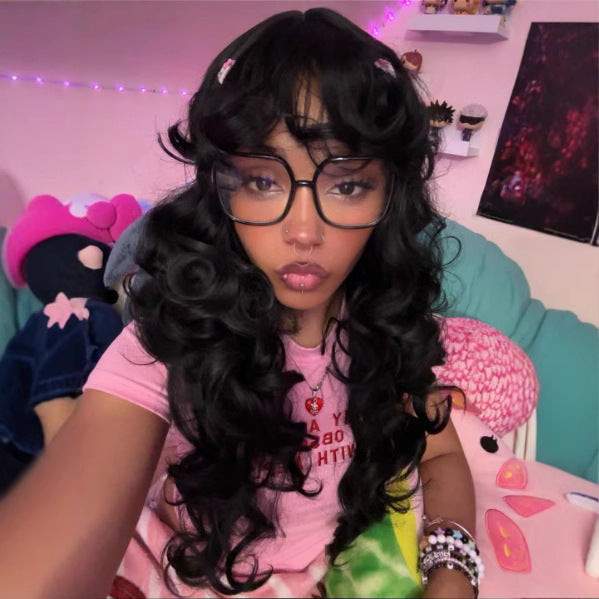 Small Curly Hair Bangs Black Head Cover Wig Long Curls