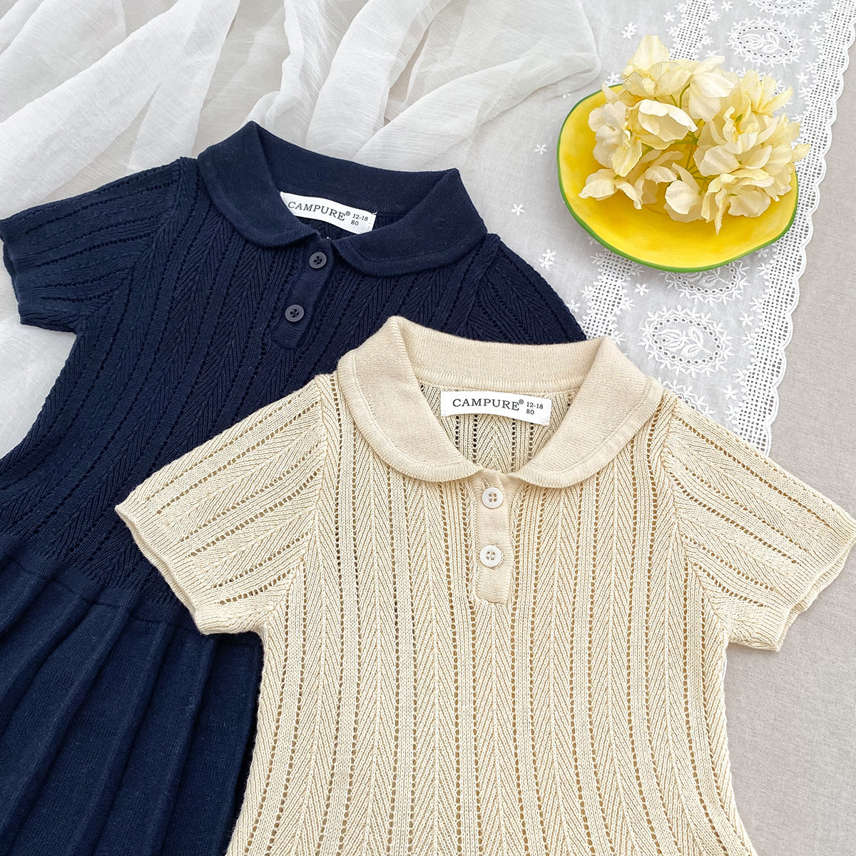 Preppy Style Lapel Ingot Collar Knitted Children's Dress
