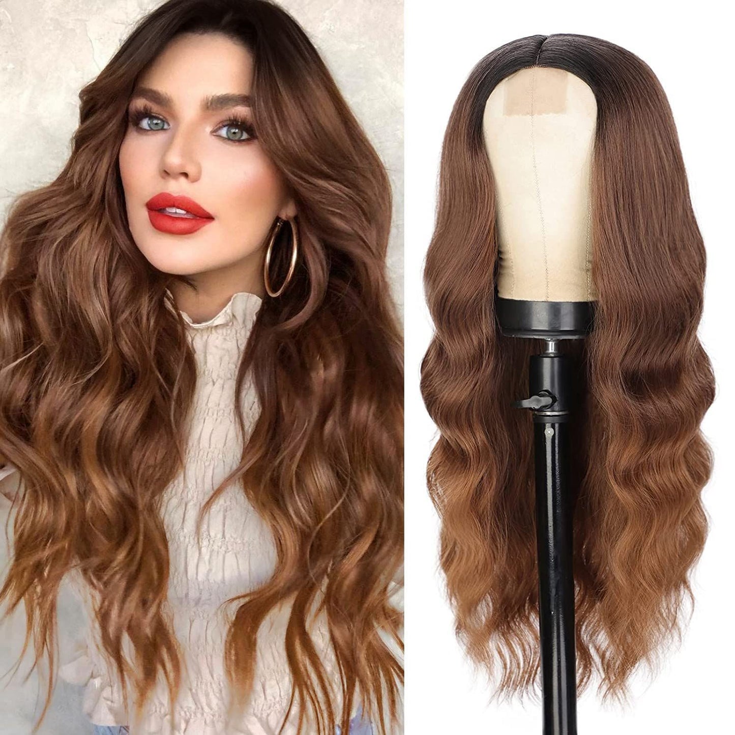 Gradient White Gold Female Middle Curly Synthetic Wig Long Curls