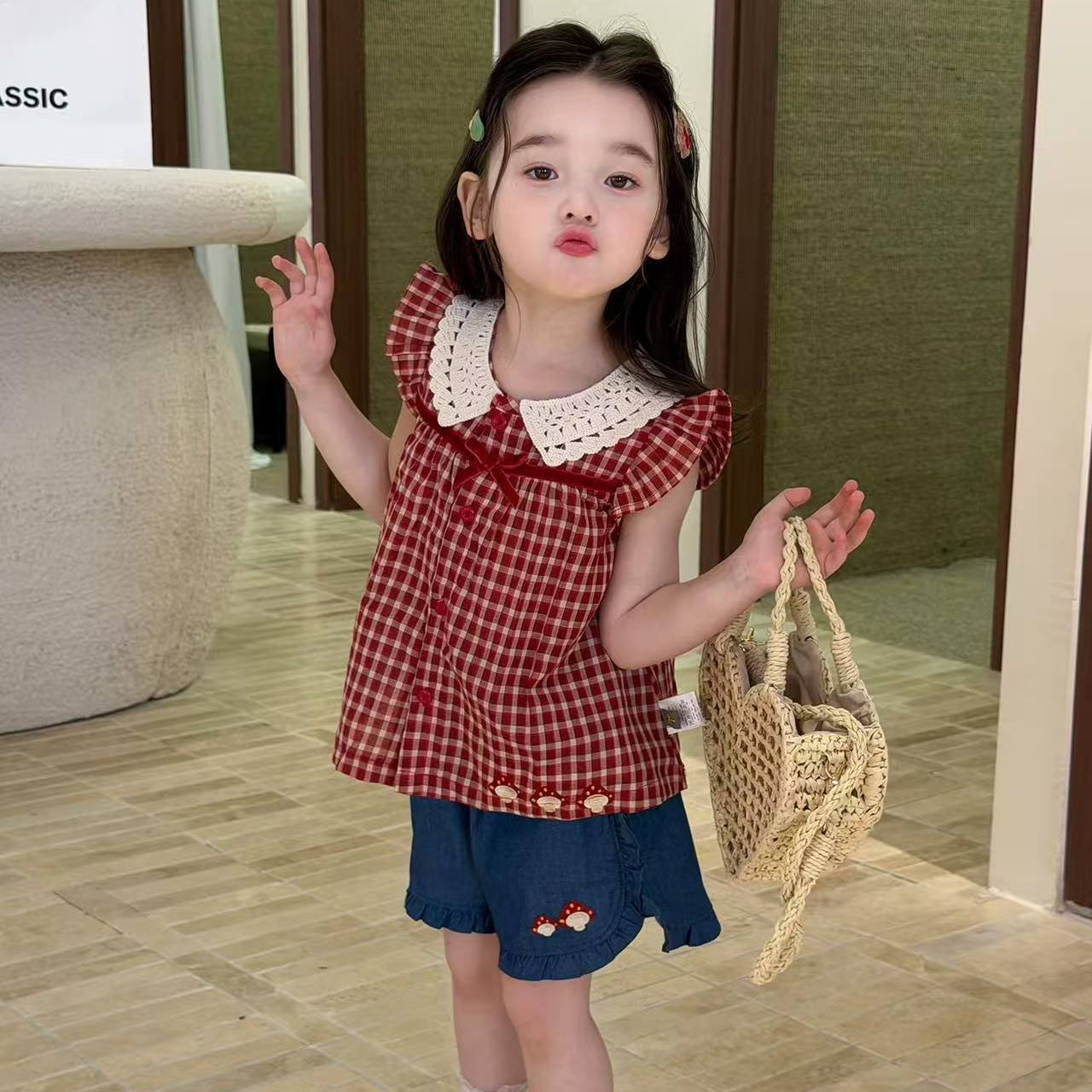 Shorts Suit Style Plaid Flying Sleeve Children's Shirt
