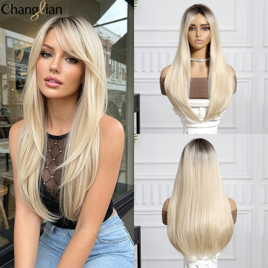 Chemical Fiber Hair Bangs Gradient Golden Rose Long Straight Wig