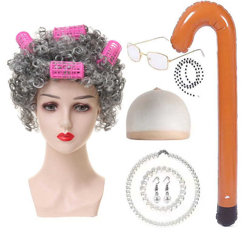 Halloween Old Lady Festival Short Hair Curly Cos Wig