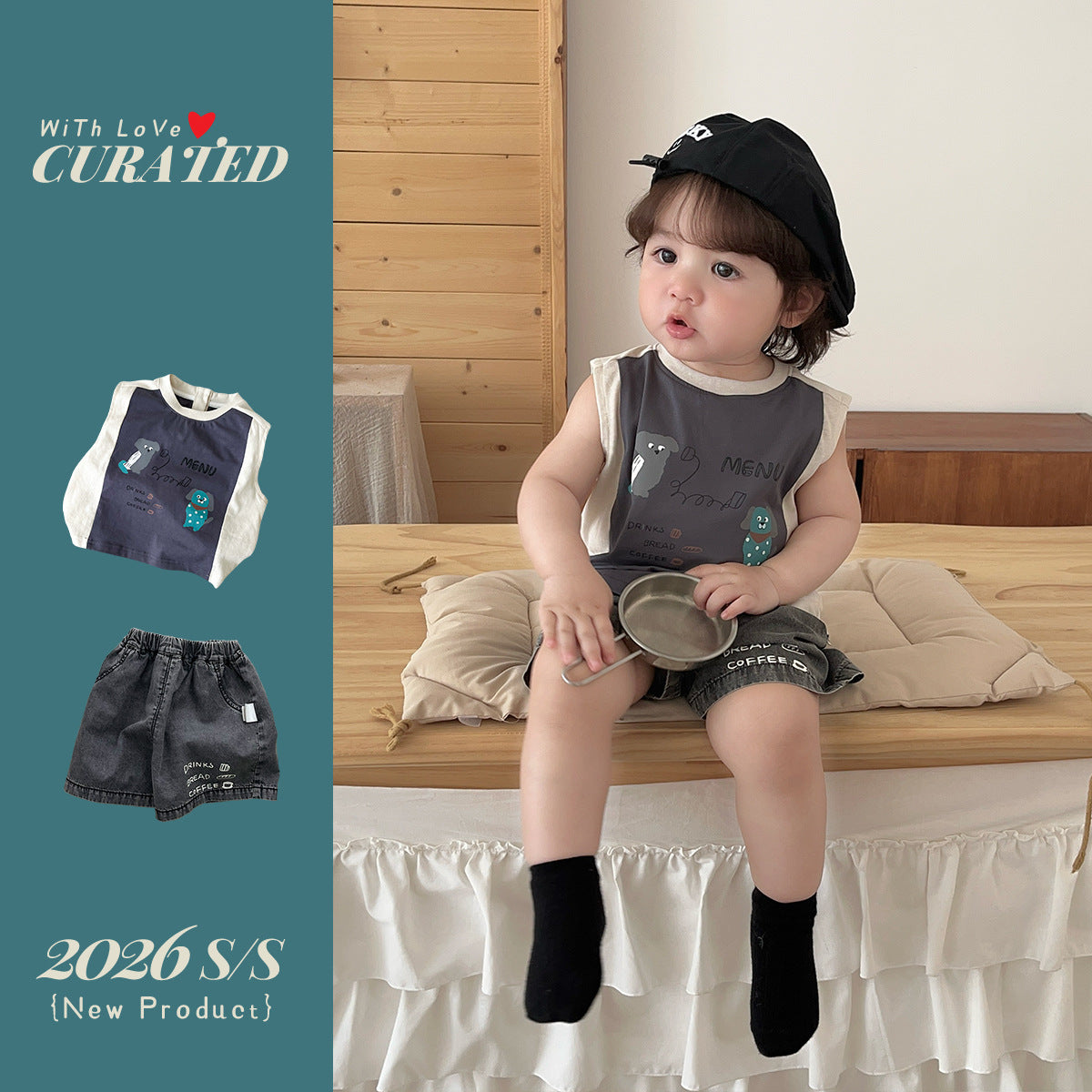 Children's Cartoon Stitching Vest Short Sleeve Ice Silk Denim Shorts Trendy Children's Suit