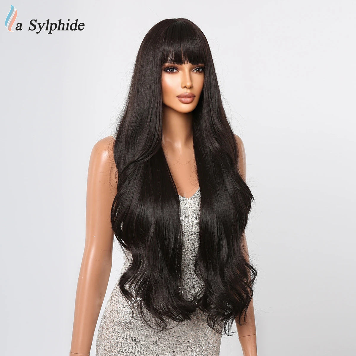 Female Big Wave Roman Curly Bangs Hair White Gold Color Wig Long Curls