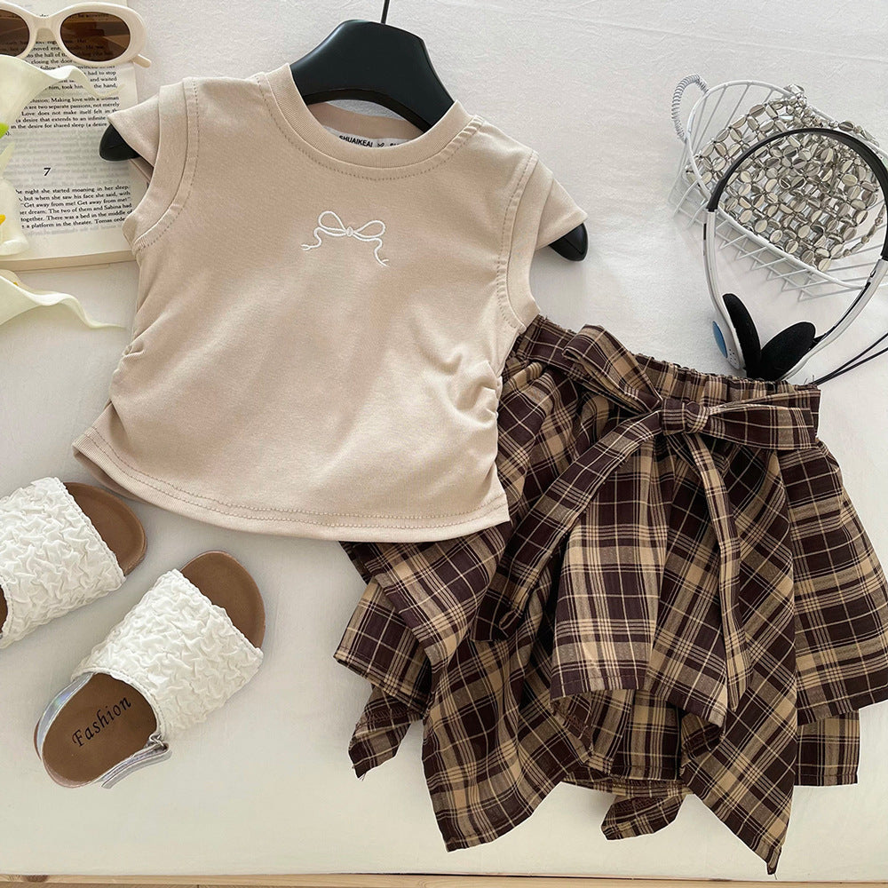 Thin Plaid Bow Irregular Skirt Two-piece Children's Suit