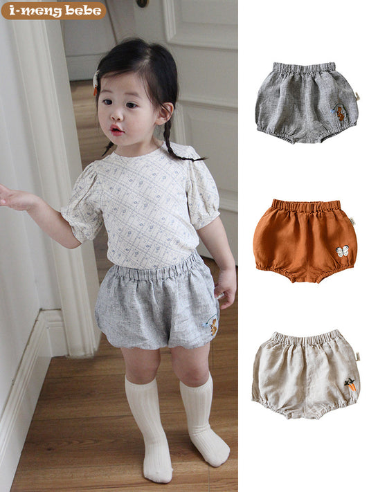 Children's Summer Pure Linen Shorts Embroidered Bloomers Thin Children's Pants