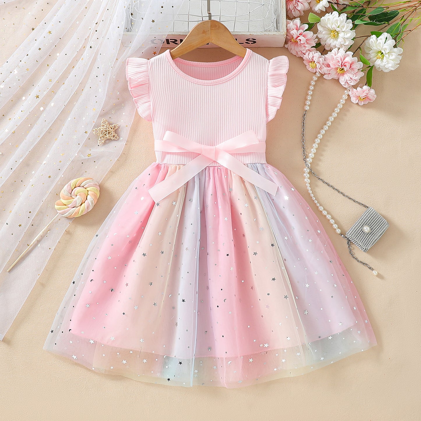 Children's Bow Summer Short-sleeved Gradient Mesh Princess Children's Dress