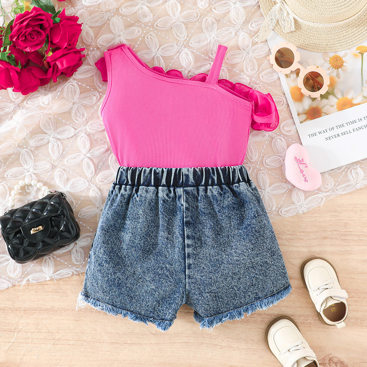 Ruffled Suspender Heart Printing Denim Shorts Children's Suit