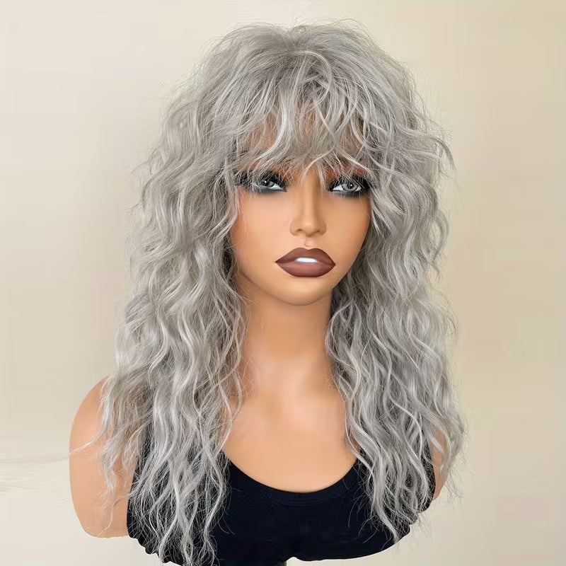 Women's White Fluffy Water Ripple Curly Hair Fiber Synthetic Wig Long Curls