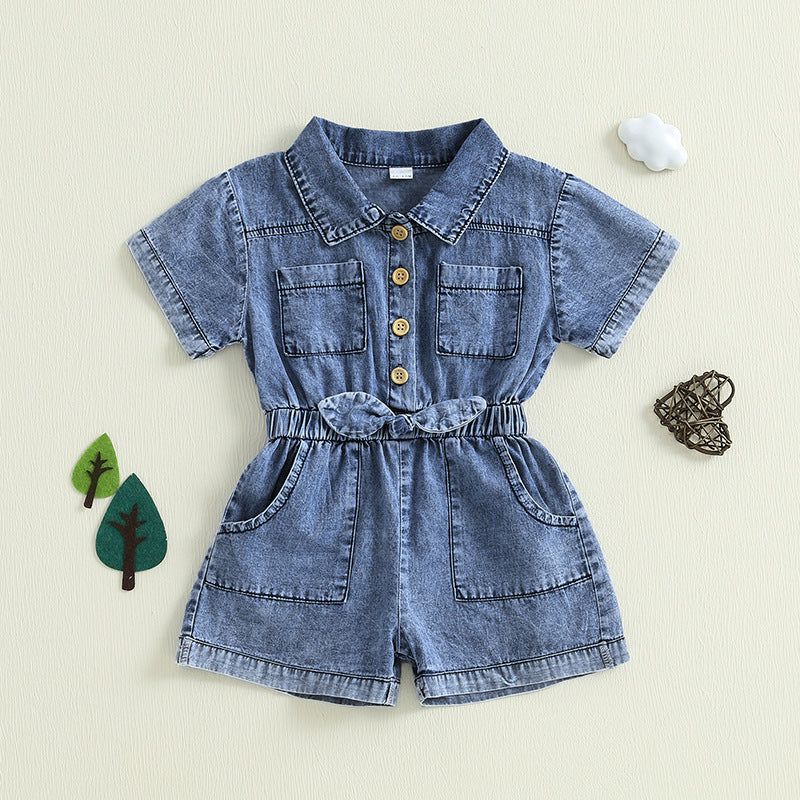 Summer Jumpsuit Denim Short-sleeved Lapel Jeans Children's Pants