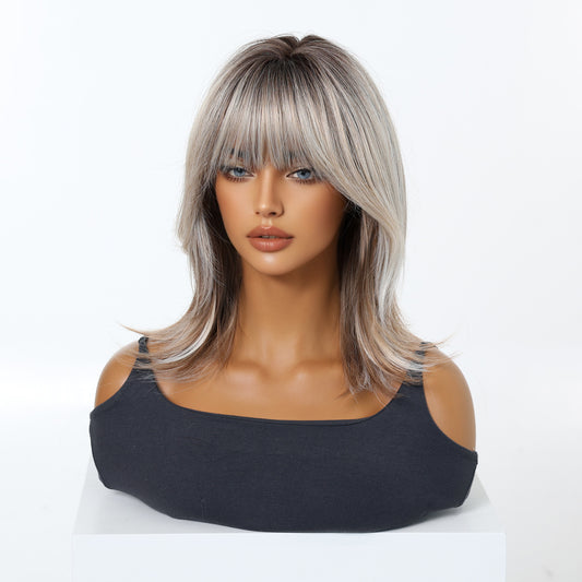 Natural Realistic Lightweight Breathable Summer Gradient Gray Gold Collarbone Length Wig Short Straight Hair