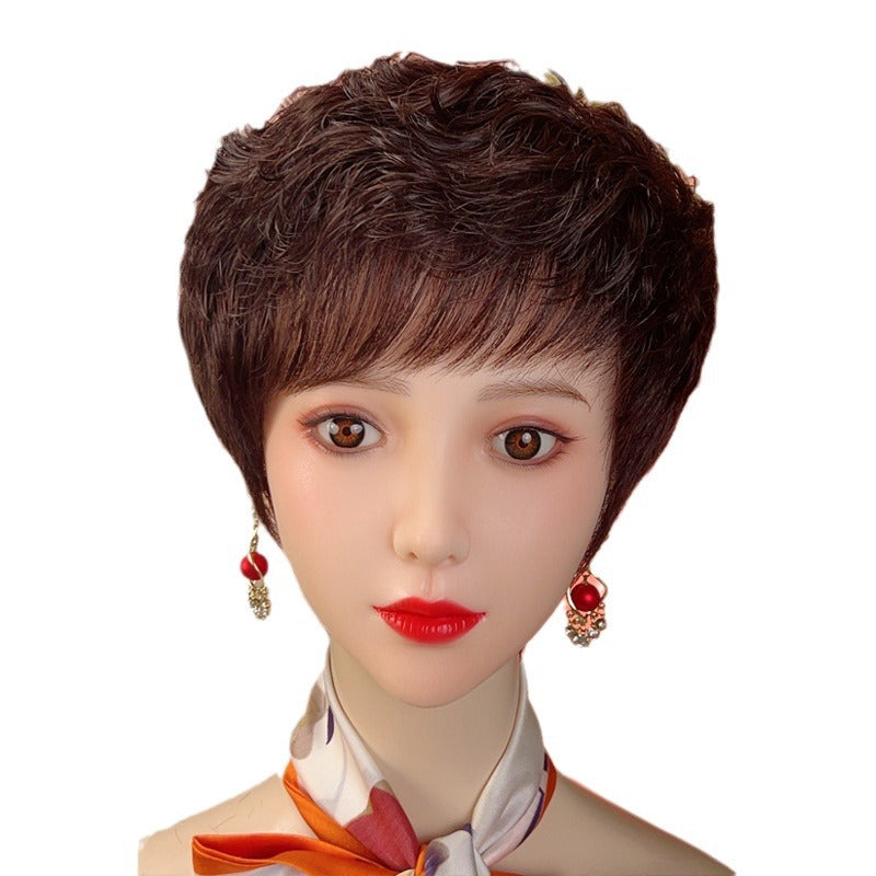 Women's Full Human Mother's Sheath Short Breathable Real Hair Wig