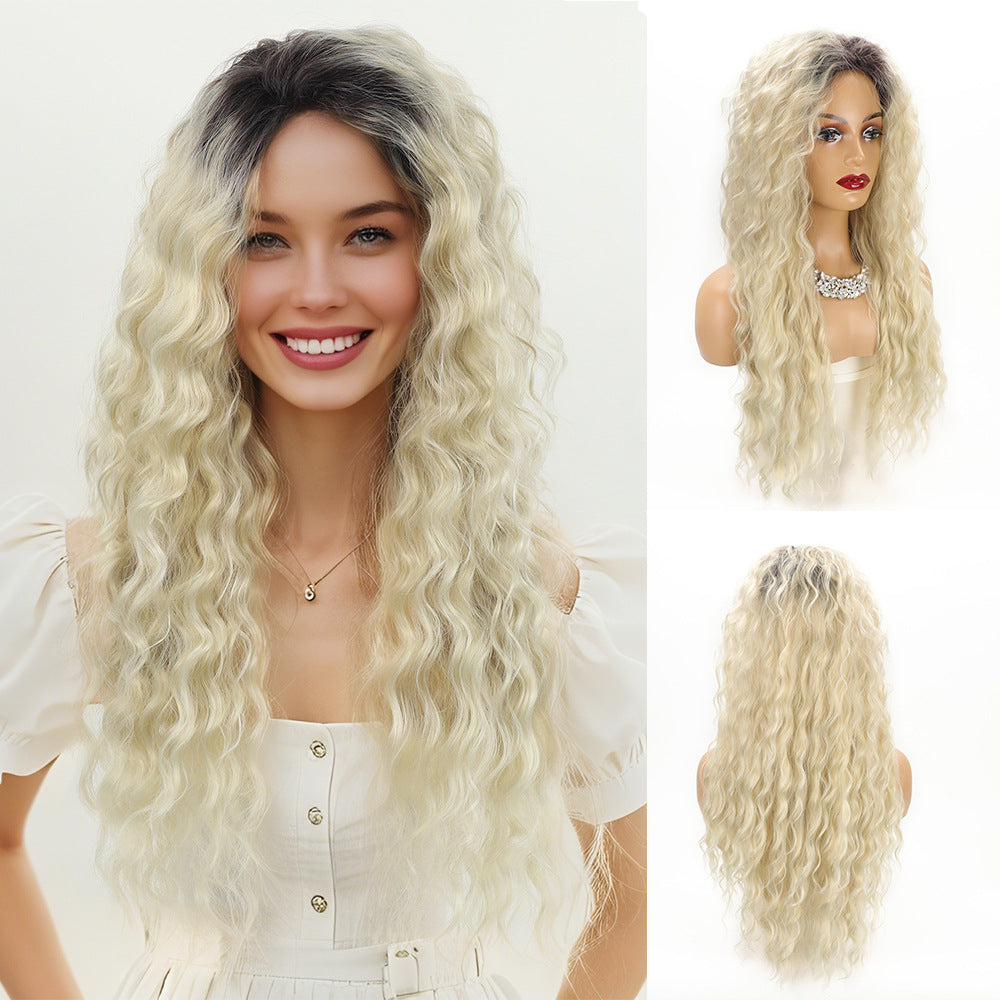 Fashion Female Curly Hair Synthetic Wigs Golden Partial Wig Long Curls