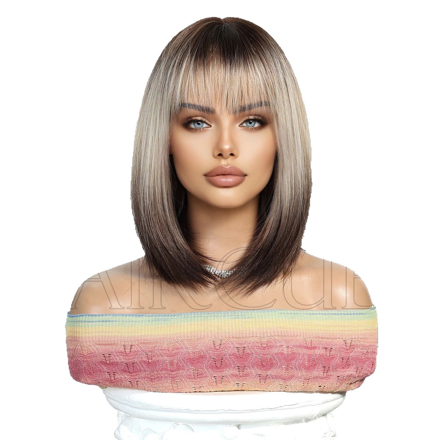 Pretty Head Cover Gradient Wave Bangs Wig Short Straight Hair