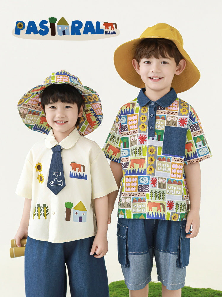 Lapel Lightweight Short-sleeved T-shirt Loose Jeans Pastoral Children's Shirt