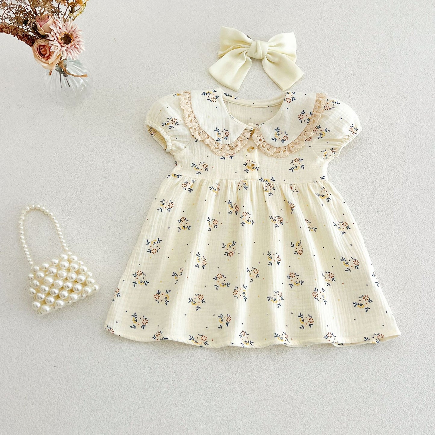Style Cotton Printed Lace Lapel Soft Children's Dress
