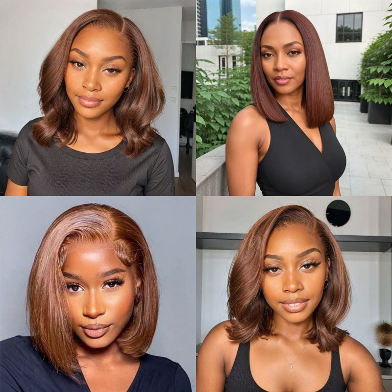 Fashion Brown Medium Real Head Cover Front Wig Short Straight Hair
