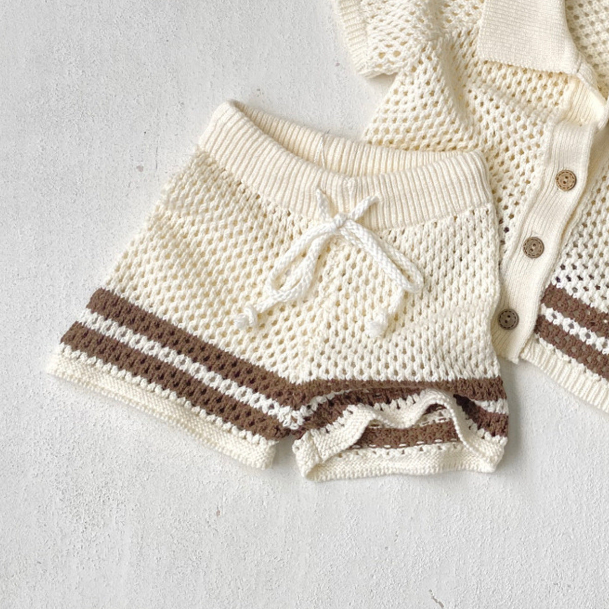 Summer Hollow Lapel Knitted Crocheted Sweater Cardigan Shorts Children's Suit