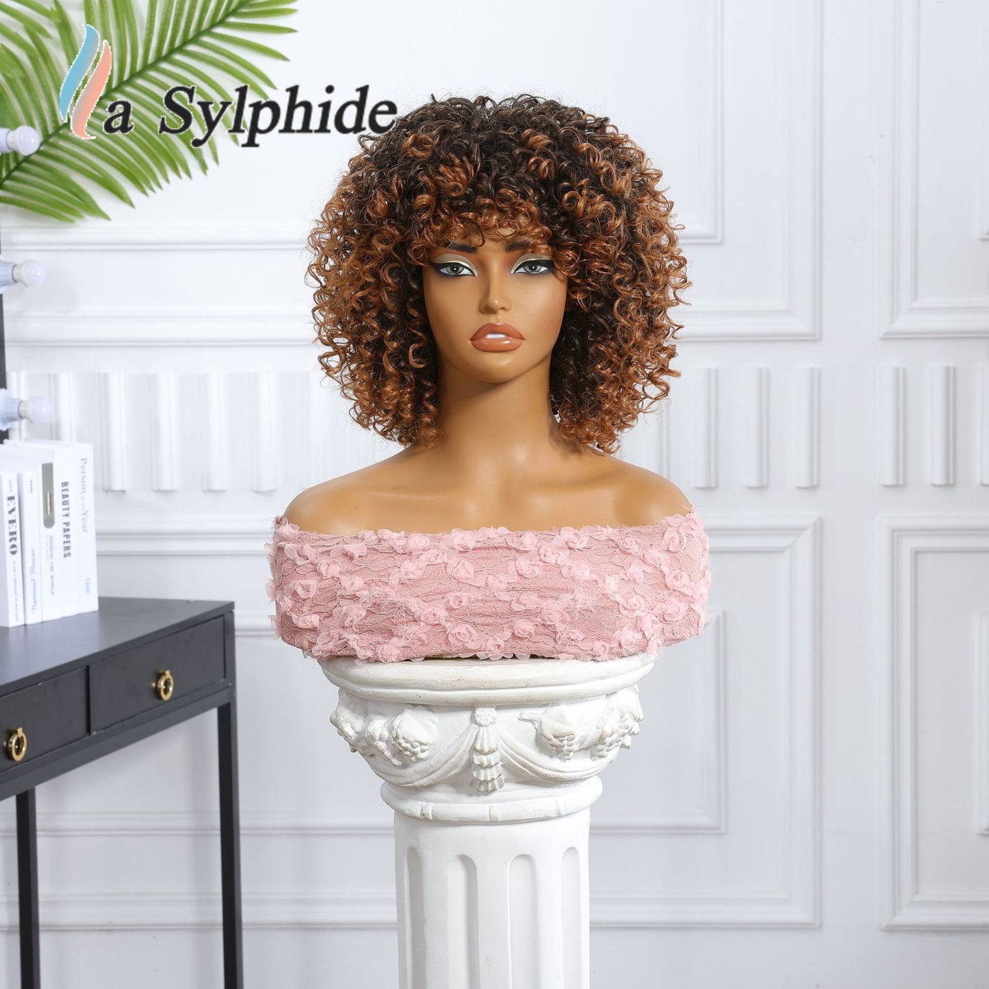 Bangs Orange Highlight Color Mixing Machine Wig Short Curly Hair