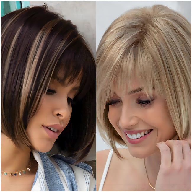 Women's Golden Head Side Bangs Chemical Fiber Wig Short Straight Hair