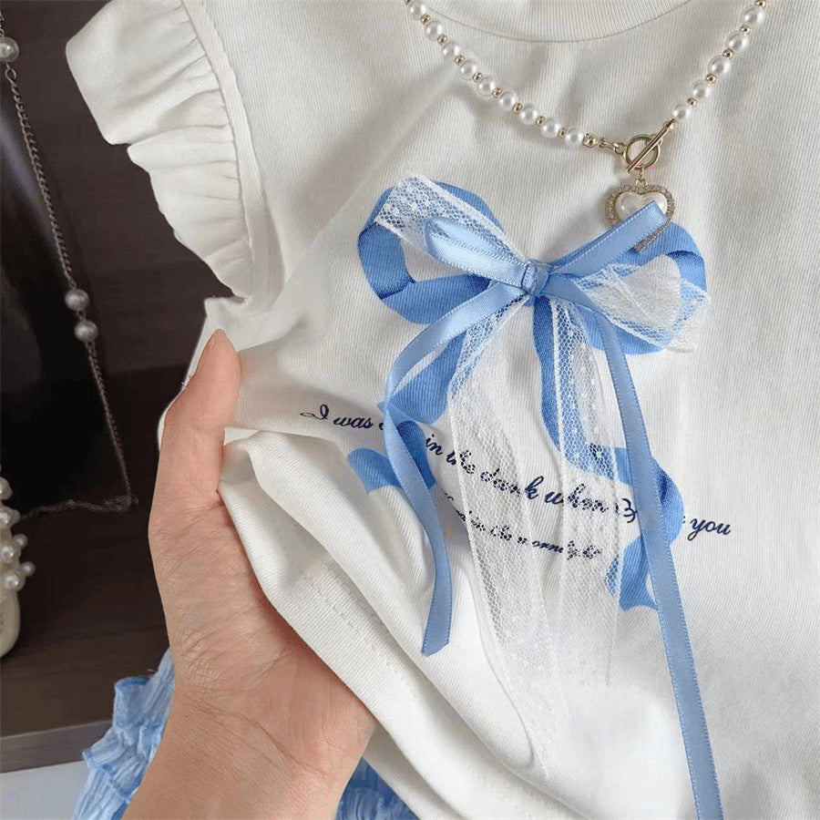 Summer Fashionable Bow Flounced Sleeve T-shirt Cake Children's Suit