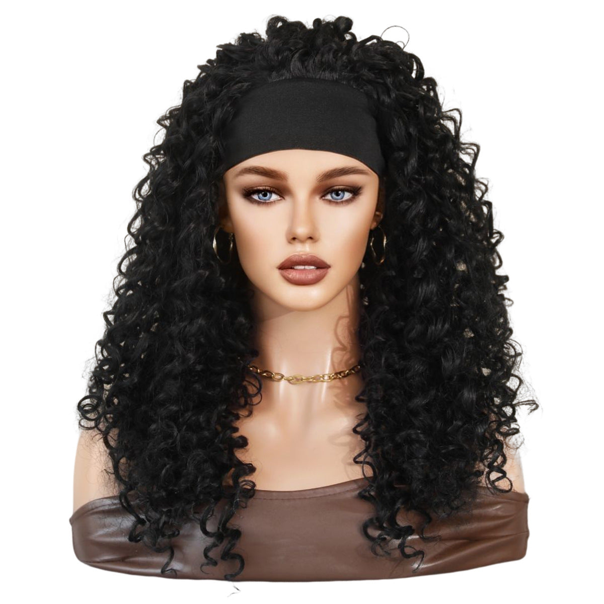Women's Black Headscarf African Small Curly Hair Wig Long Curls