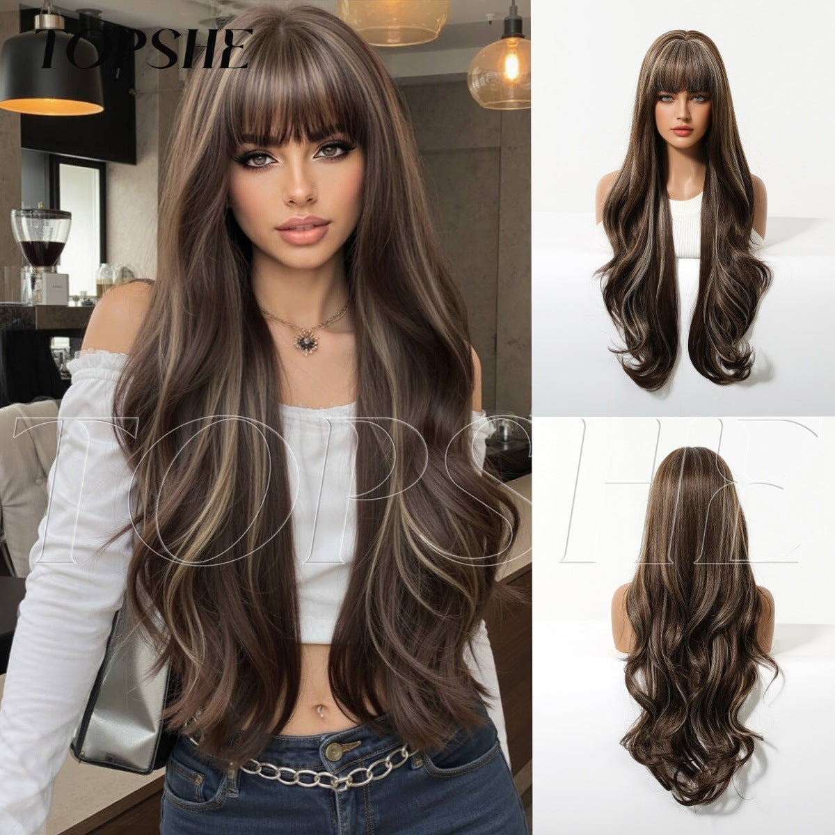Dyed Brown Straight Bangs Big Wave Curly Wig Long Curls