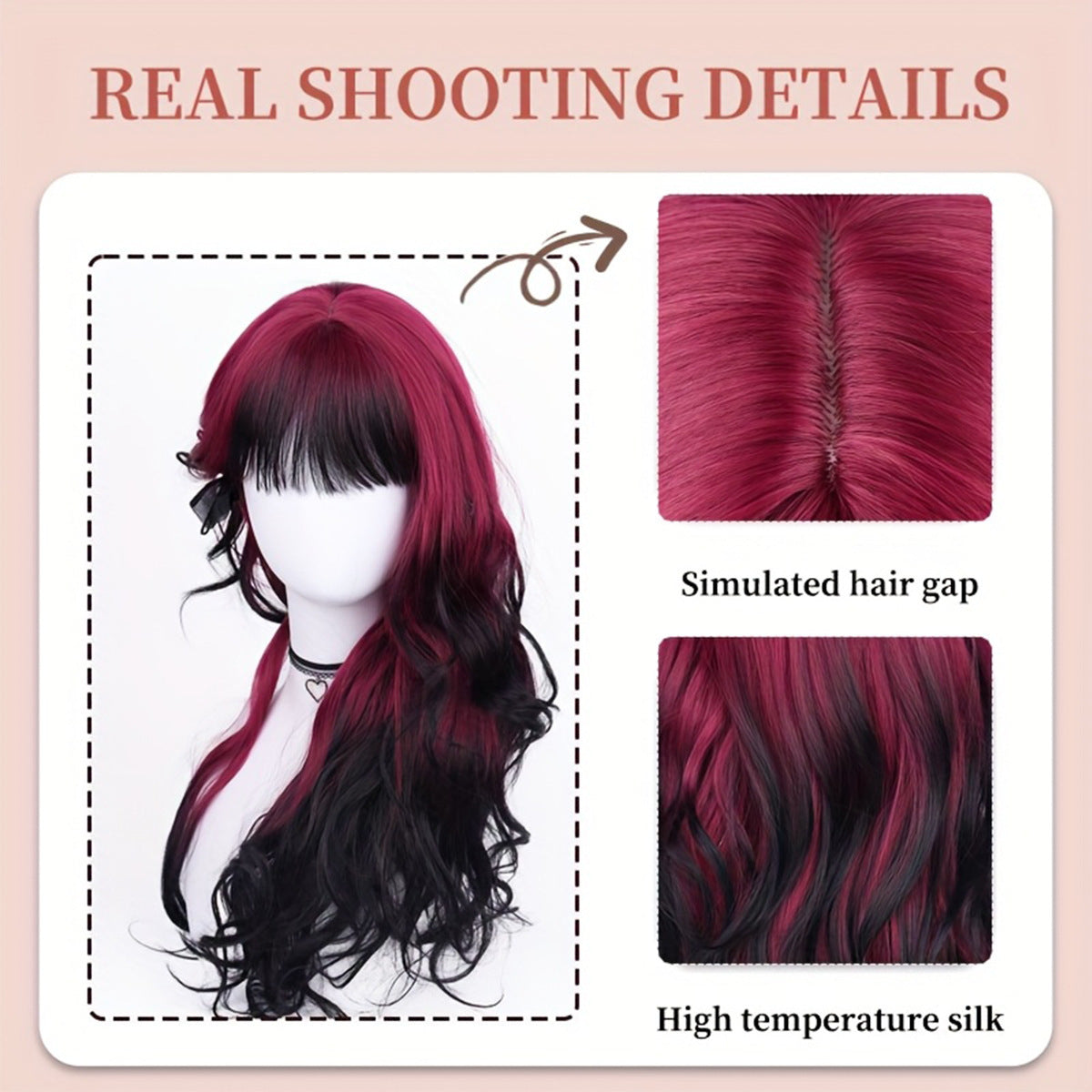 Women's Highlight Gradient Black Red Gothic Style Big Wave Head Cover Wig Long Curls