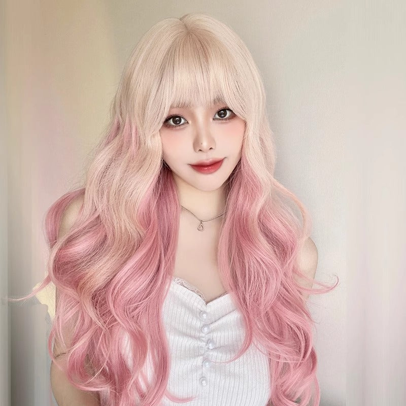 Pink Platinum Color Gradient Curly Hair Straight Big Wave Full Wig Long Curls