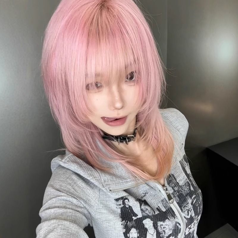 Daily Female Pink Collarbone Asian Culture Bangs Wig Short Straight Hair