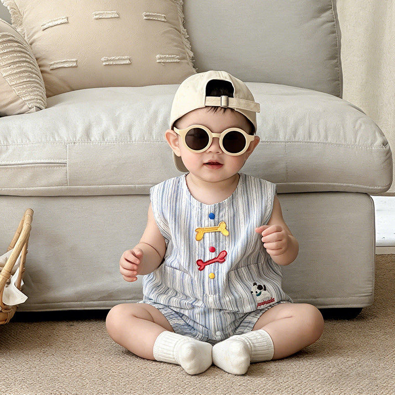Bone Embroidery Summer Double Pocket Vest Jumpsuit, Climbing Suit