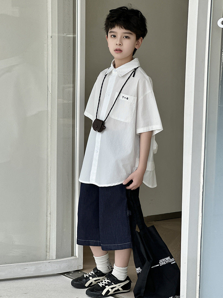 Print Top Summer Pu Back Big Pocket Children's Shirt